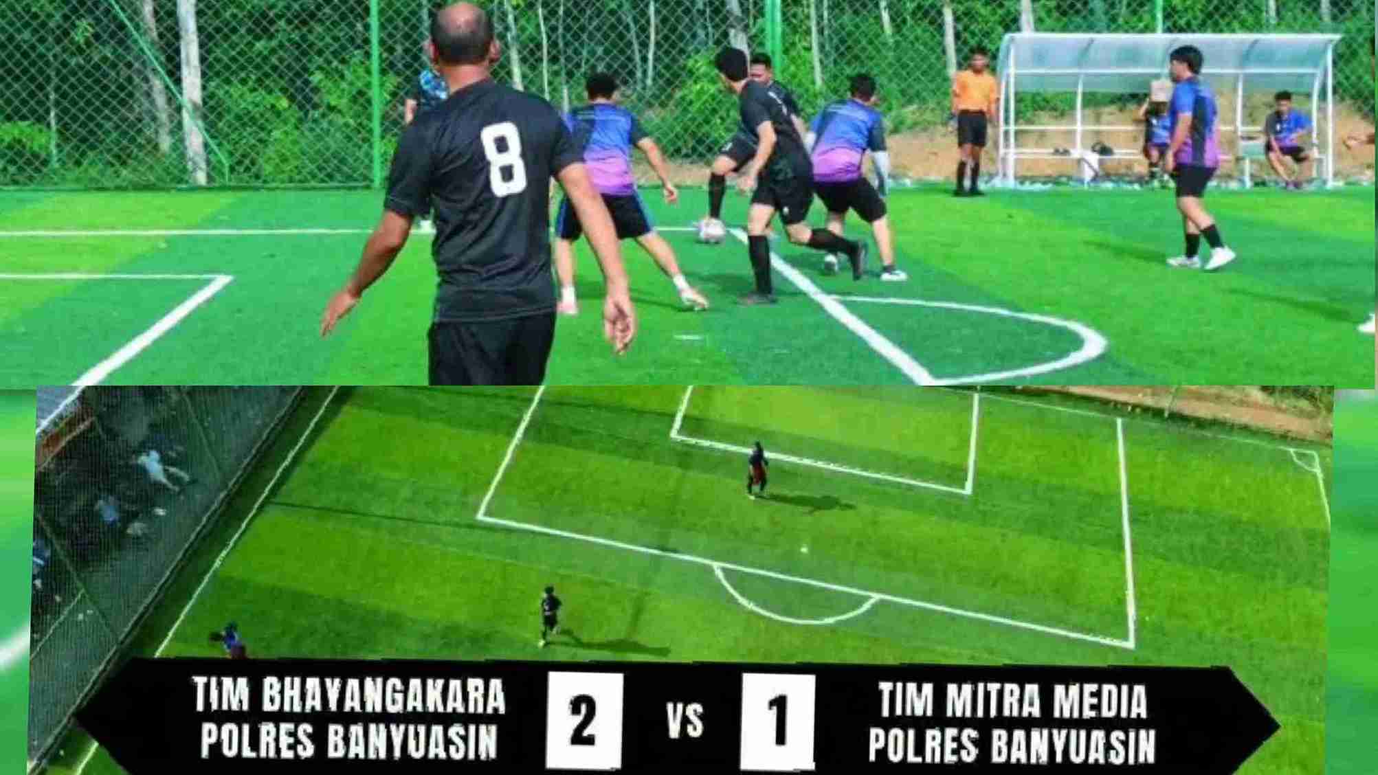 Kapolres Cetak Gol, Wartawan Unjuk Gigi! Serunya Laga Mini Soccer Bhayangkara vs PWI Banyuasin
